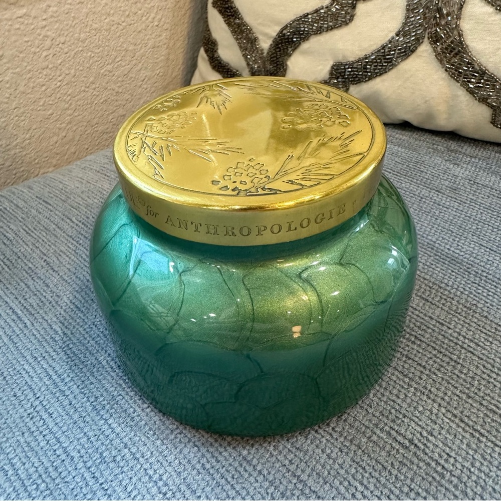NIB Anthropologie Capri Blue Fir & Firewood Glass Jar Candle Dark Green - Picture 2 of 8